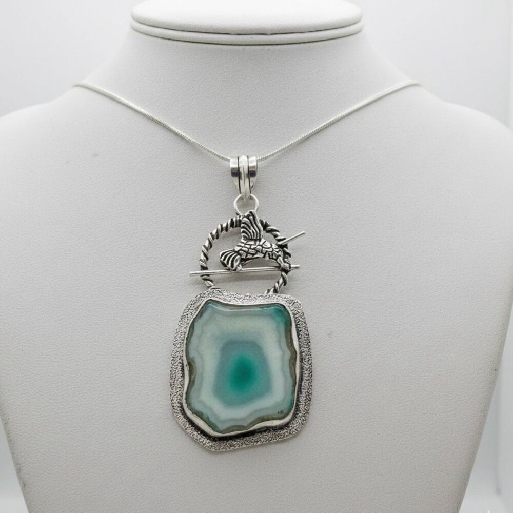 Artisan Silver Hummingbird Solar Agate Slice Pendant Necklace • Teal & White